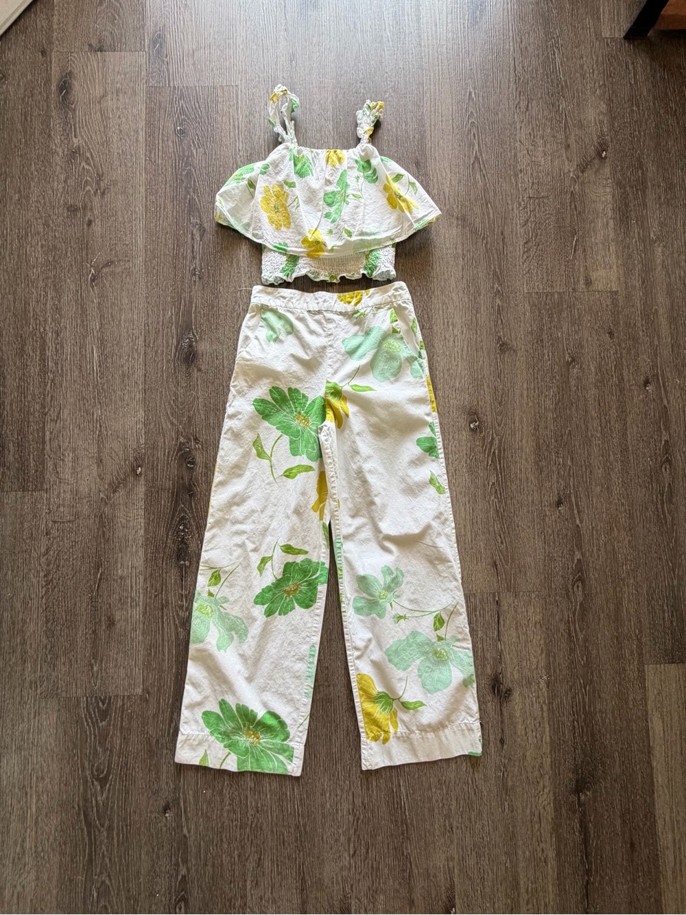 Zara White Wide-Leg Floral Pants with Green & Yellow Print